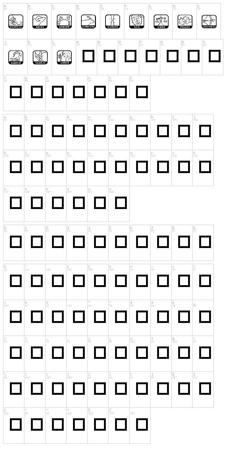 KR Zodiac Dings font map